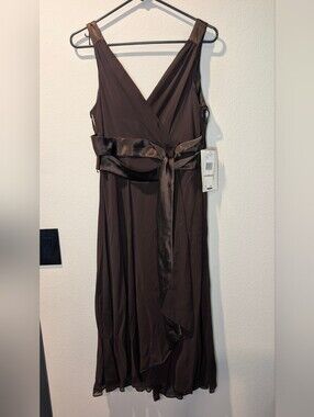 Jones Wear Brown Midi Dress with Satin Waist Tie
